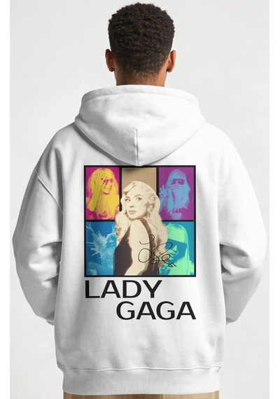 Sevbano Lady Gaga Şarkıcı Sırt Baskılı Unisex Oversize Penye Hoodie beyaz