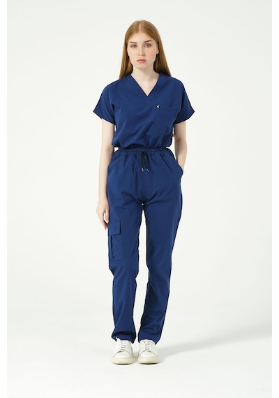 Saks Mavi Likralı Scrubs Kargo Cep Doktor Hemşire Forması Yarasa Kol Takım Unisex