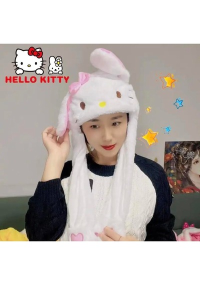 Mj Toys Sanrio Kuromi Hello Kitty Şapka Kulakları Hareket Eden Şapka Işıklı Modlu Peluş Bere Şapka Beyaz