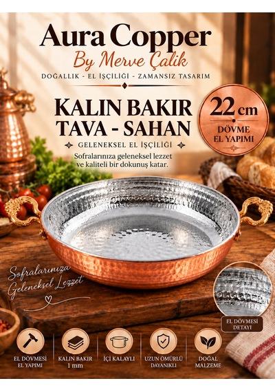 Aura Copper Kalın Bakır Sahan Tava El Dövmesi 1 Mm İçi Kalaylı Çift Kulplu 22 Cm