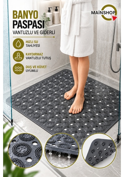 Banyo Duş Ve Küvet İçin Vantuzlu Kaydırmaz Paspas, Su Drenajlı Masaj Matı 54x54 Cm M-150 Gri