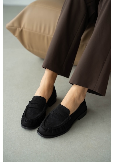Selin Shoes Lurein Büzgülü Hafif Kalın Topuk Kadın Loafer- Siyah Süet