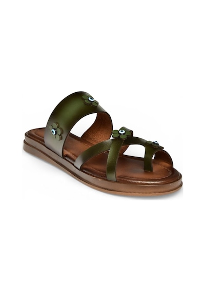 Fox Shoes Y390022603 Yeşil Hakiki Deri Nazar Boncuklu Parmak Detaylı Kadın Terlik Yeşil
