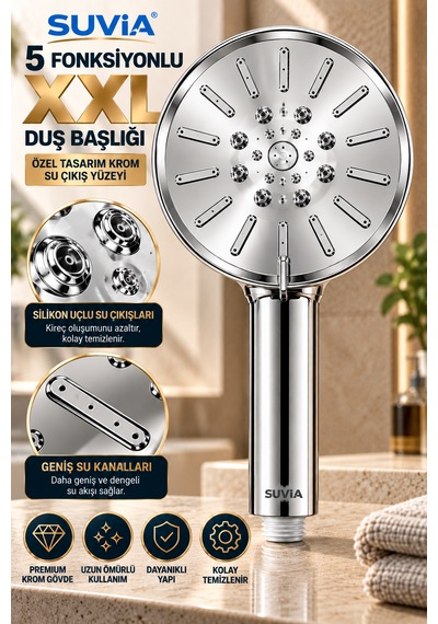 Duş Başlığı Xxl Duş Sistemi 5 Fonksiyonlu 130 Mm Geniş Başlık Yüksek Basınçlı Krom El Duşu