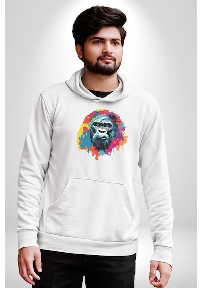 Renkli Maymun Goril Kadın Erkek Beyaz Kapüşonlu Sweatshirt Hoodie Beyaz