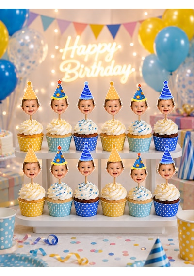 Pamuğum Atelier (12 Adet) Kişiye Özel Fotoğraflı Şapkalı Cupcake Süsü | Yetişkin veya Bebek Doğum Günü Pasta Süsü