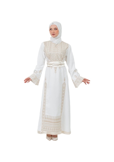 Zaytoon Filistin Nakışlı Modern Beyaz Kaftan Elbise - Geleneksel Şıklık Altın