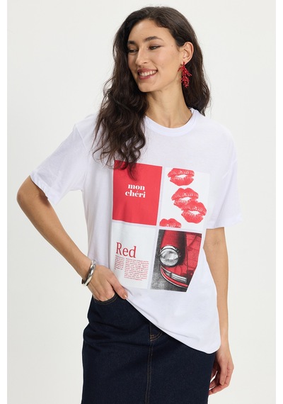 Tudors Kadın Oversize Geniş Kesim %100 Pamuk Bisiklet Yaka Kısa Kollu Baskılı Beyaz Tişört-50384