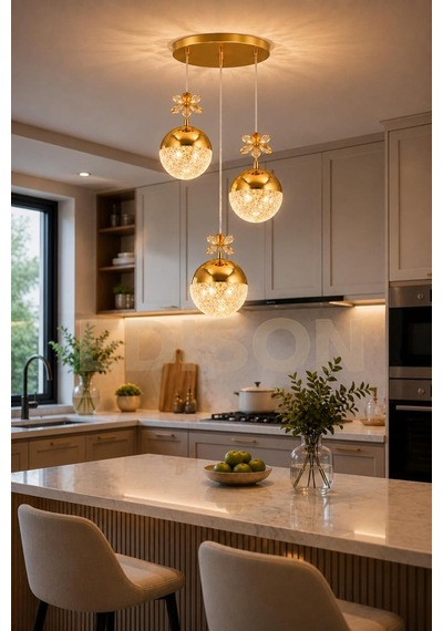 3'lü Gold Kristal Sarkıt Avize, Led Modern Salon Yemek Masası Mutfak Dekoratif Avize, 20 X 25 Cm Diğer