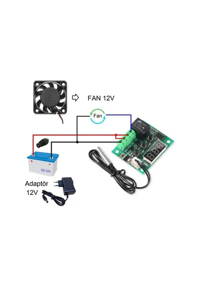 Dc 12v Adaptörlü Dijital Termostat Sıcaklık Kontrol Kartı İle 12v Fan Pervane Çalıştırma Devresi Öğrenci Hobi Deney Seti
