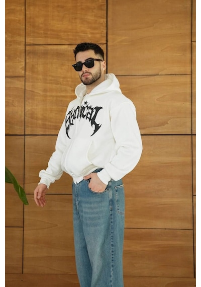 Novalisse Erkek Kapüşonlu 3 İplik Şardonlu Önü Baskılı Fermuarlı Oversize Sweatshirt - Beyaz Çoklu Renk