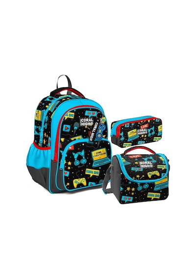 Coral High Erkek Çocuk Üç Gözlü İlkokul Çanta Seti - Siyah Mavi Gamer Desenli