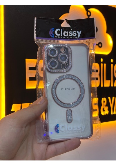 Apple Uyumlu iPhone 14pro Max Simli Taşlı Kablosuz Şarj Lens Korumalı Kılıf Pembe