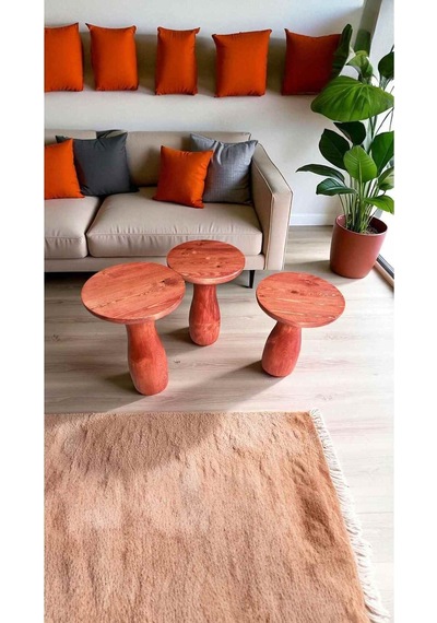 Ahşap Mantar Sehpa 3lü Set Maun Renk Yan Sehpa Takımı - Wooden Side Table Maun