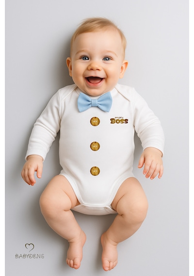 Babyden's Mini Boss Papyonlu Erkek Bebek Zıbın Uzun Kollu Yenidoğan Bebek Body Mavi Mavi
