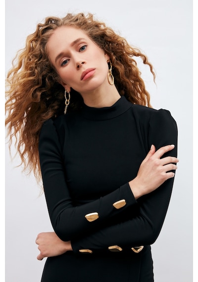 Sateen  Düğme Detaylı Crop Bluz - Siyah-132901 Siyah
