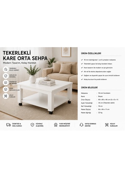 Tekerlekli Orta Sehpa Beyaz - Beyaz