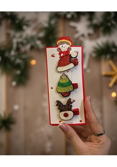 Yılbaşı Temalı Simli Çocuk Toka Seti Noel Şapkası, Çam Ağacı Ve Geyik Figürlü 3'lü Klips Toka-211 Çok Renkli