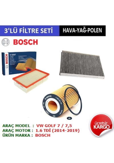 Vw Golf 7 1.6 Tdi Filtre Bakım Seti 2013-2020 3'lü Set Hava + Yağ + Polen