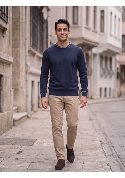 Maccali Erkek Lacivert Kontrast Şeritli Bisiklet Yaka Triko Sweatshirt