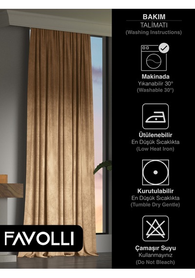 Br Favolli Kadife Dokulu Kaju Rengi Ada Fon Perde Ekstrafor Büzgülü Dream Series Kaju