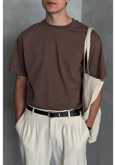 Hyman Erkek %100 Pamuk Oversize Basic T-shirt Kahverengi