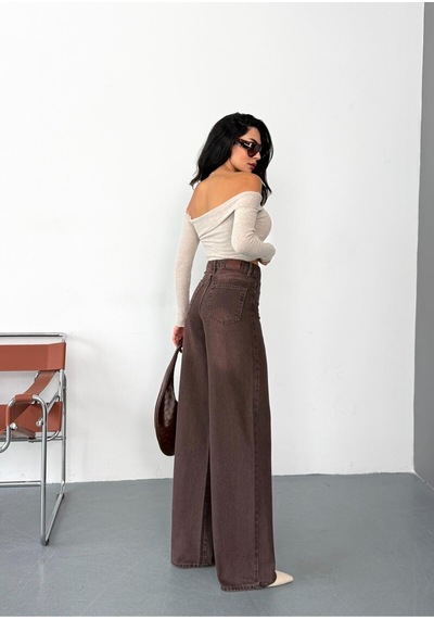 Kadın Kahverengi Taşlamalı Baggy Jean Yüksek Bel Geniş Paça Kot Pantolon Kahverengi+taşlamalı Baggy