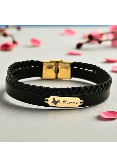 Merve İsmine Özel Kelebek Figürlü 14 Ayar Altın Plakalı Doğal Siyah Derili Hediye Bileklik-678 Merve Merve İsmine Özel Kelebek Figürlü 14 Ayar Altın Plakalı Doğal Siyah Derili Hediye Bileklik-678 Merve
