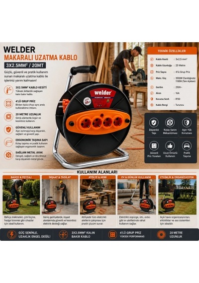 Ct Welder 3x2.5mm 20mt Makaralı Uzatma Kablo 5324