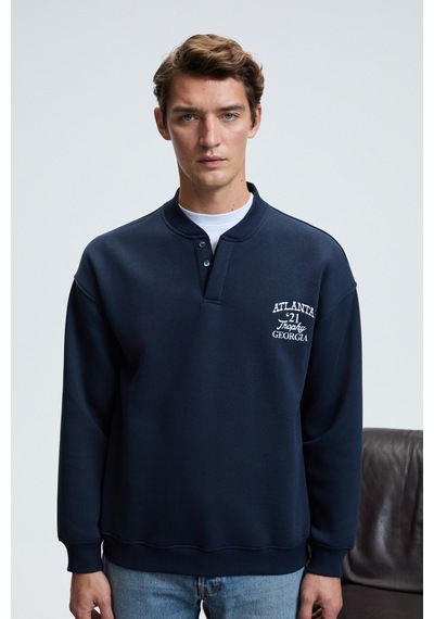 Grimelange JETHRO Erkek Bomber Yaka Patlı Düğmeli Göğsü Nakışlı Relaxed Fit Lacivert Sweatshirt