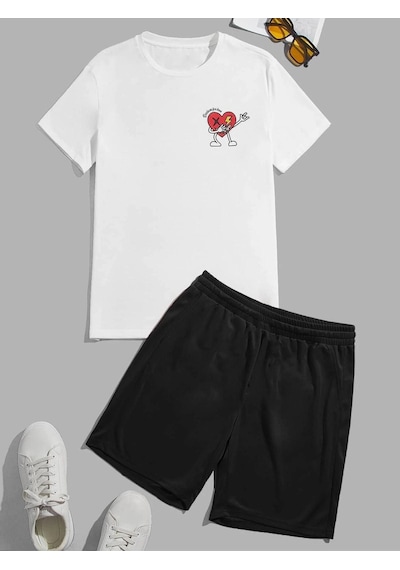 Kalp Logo T-shirt Şort - Beyaz Siyah Alt Üst Takım Şort Tişört Kombin Baskılı Bisiklet Yaka Beyaz Siyah Kalp Logo T-shirt Şort - Beyaz Siyah Alt Üst Takım Şort Tişört Kombin Baskılı Bisiklet Yaka Beyaz Siyah