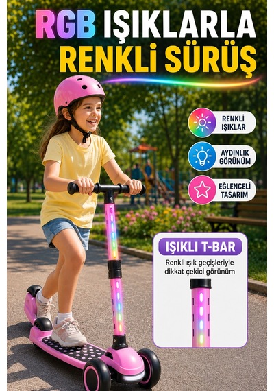 Pembe Speedx Wx-817 Rgb Işıklı Müzikli Çocuk Scooter Ayarlanabilir Alüminyum T-bar Tekerlekli Frenli