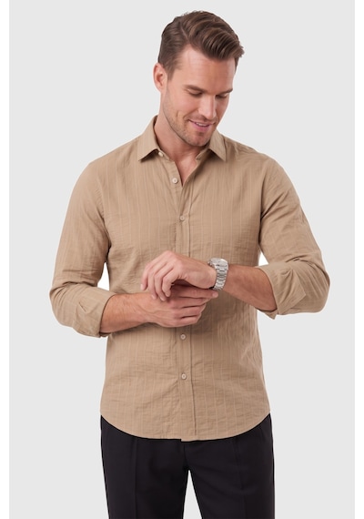 Rizzup Erkek Slim Fit %95 Pamuk Çizgi Dokulu Açık Kahve Ütü Gerektirmeyen Gömlek 2600002 Açık Kahverengi