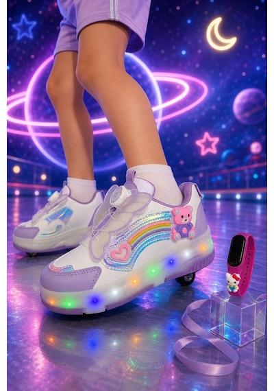 Muggo Colourful Çocuk Işıklı Patenli Tekerlekli Sneaker Spor Ayakkabı Lila