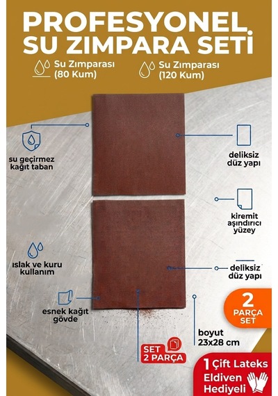 23x28 Cm Su Zımparası Seti 80 120 Kum 2 Parça Islak Kuru Yüzey Zımparası + Eldiven