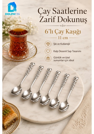 Kalp Desenli Çay Kaşığı 6 Lı Set 11 Cm Parlak Gümüş Renkli Zarif Sunum Kaşığı Metalik