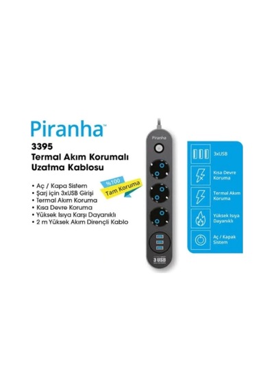 Piranha 3395 Termal Akım Korumalı 3 USB li Priz