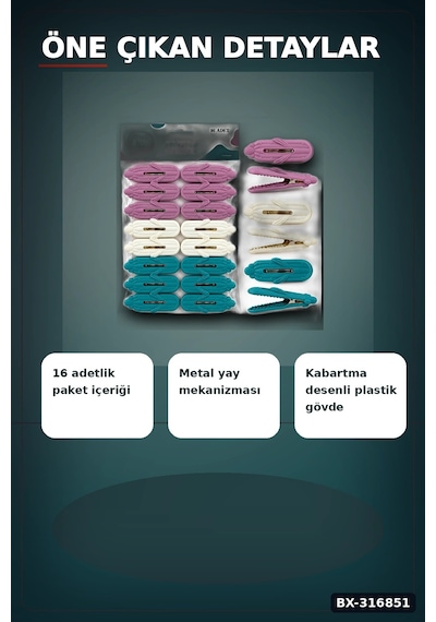 Plastik Çamaşır Mandalı Kabartma Desenli Renkli Çamaşır İpi Mandalı 16 Adet Bx-316851 Çok Renkli