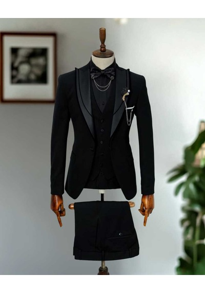 Bys Beystil Sivri Yaka Siyah Damatlık & Smokin Takım -slim Fit