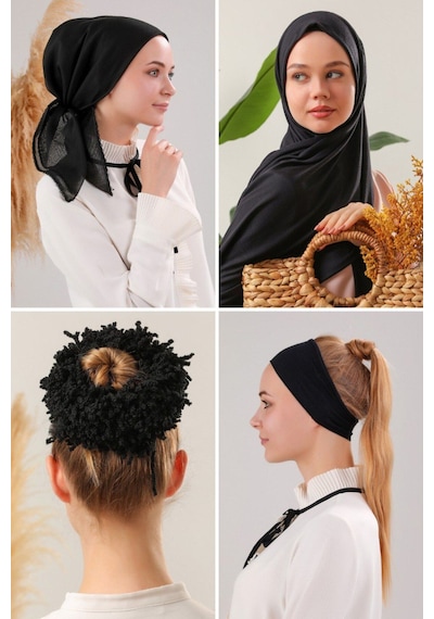 Melodi Scarf Kadın Tesettür Şal Bone İç Başörtüsü Topuz Tokası Seti Siyah Melodi Scarf Kadın Tesettür Şal Bone İç Başörtüsü Topuz Tokası Seti Siyah