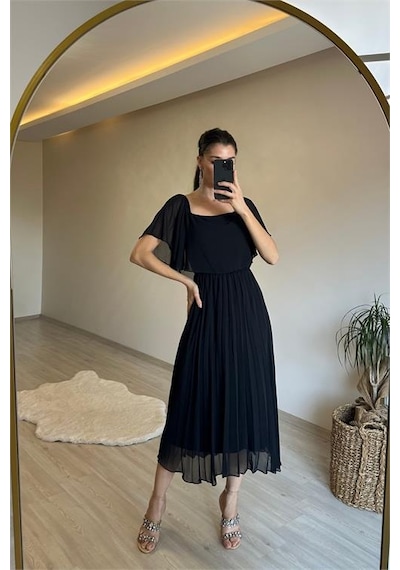 Neşeli Butik Kadın Omzu Açık Piliseli Midi Şifon Elbise Nm006 Siyah