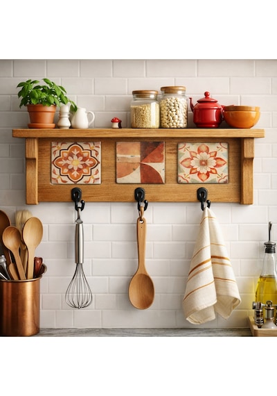 3 Askılı Doğaltaş Dekorlu Ahşap Duvar Düzenleyici Giriş Holü Anahtarlığı, Mutfak Ve Banyo Duvar Rafı 28x12-3 Askılık