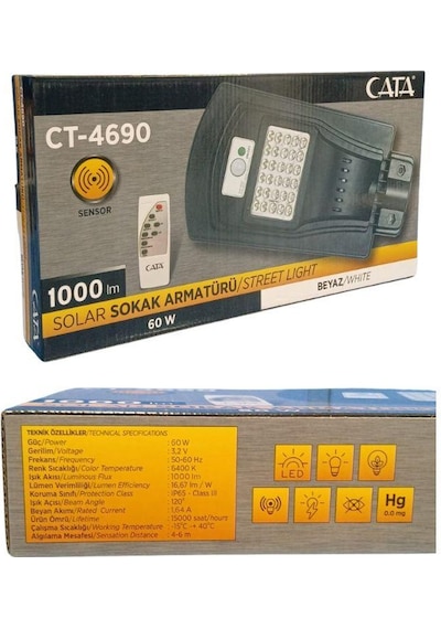 Cata Ct-4690 60w Kumandalı Solar Sokak Armatür - Beyaz Işık Siyah