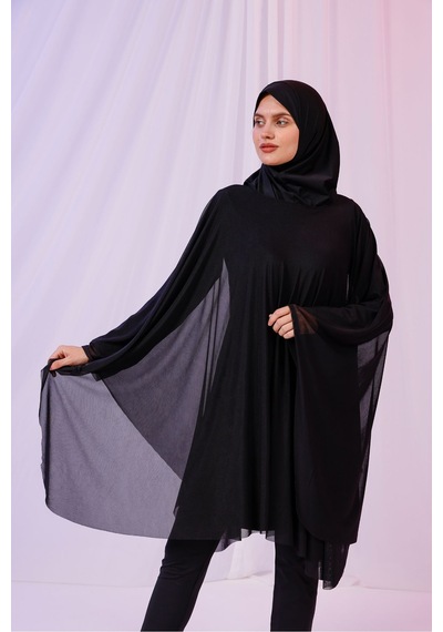 Tarzını Seç Kısa Kimono Pareo - Tesettür Pareo - Esnek Likralı Tül Siyah 180x135 Cm Çok Renkli