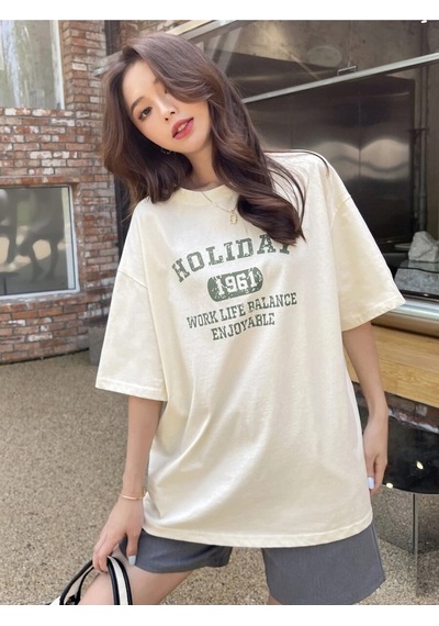 Holiday 1961 Baskılı Unisex Bej Oversize T-shirt Bej