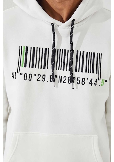 Tommy Life Ekru Nakışlı Kanguru Cep Standart Kalıp Kapüşonlu Erkek Sweatshirt - 87839 Ekru