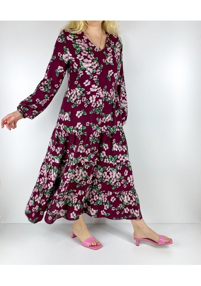 Modaonna Çiçek Desenli Bordo Maxi Elbise Bordo