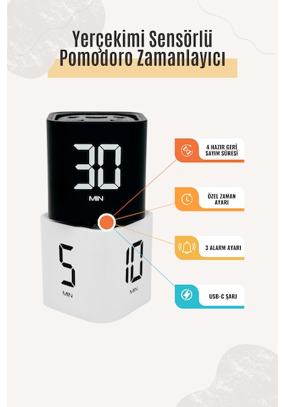GWORKE Gt-1 İkili Set Pomodoro Zamanlayıcı Küp Flip Timer Öğrenci Ders Çalışma Saati - Siyah & Beyaz