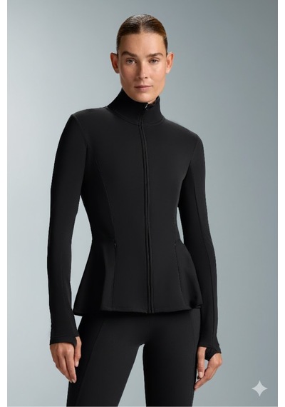 Gugus Kadın Light Warm Running Volanlı Fermuarlı Yüksek Yaka Spor Ceket Esnek Activewear Siyah