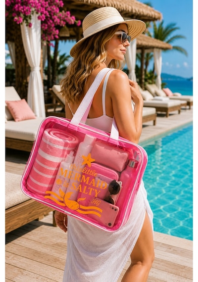Hig Home Pembe Büyük Boy Şeffaf Plaj Çantası Mermaid Baskılı, Su Geçirmez, Tatil Çantası Beyaz